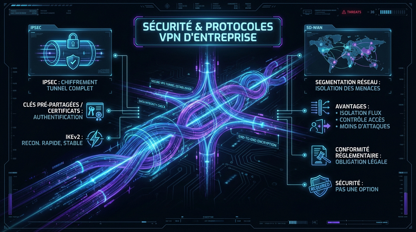 Infographie présentant les protocoles de sécurité IPsec et IKEv2 pour VPN d'entreprise
