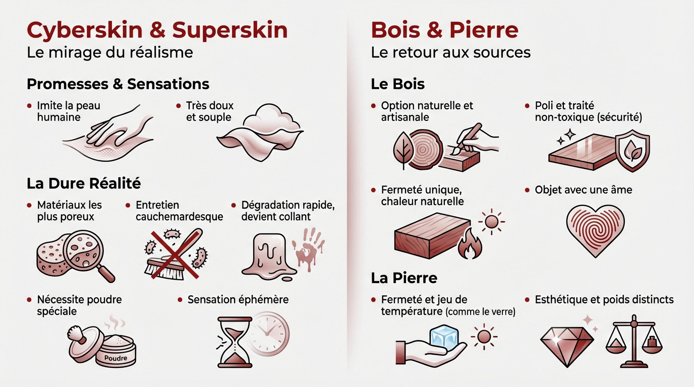 Infographie comparant les avantages et inconvénients du Cyberskin face aux matières naturelles comme le bois et la pierre
