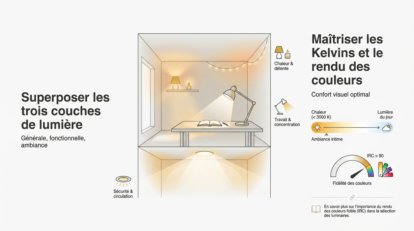 Schéma explicatif des couches d'éclairage, température Kelvin et indice IRC pour l'intérieur