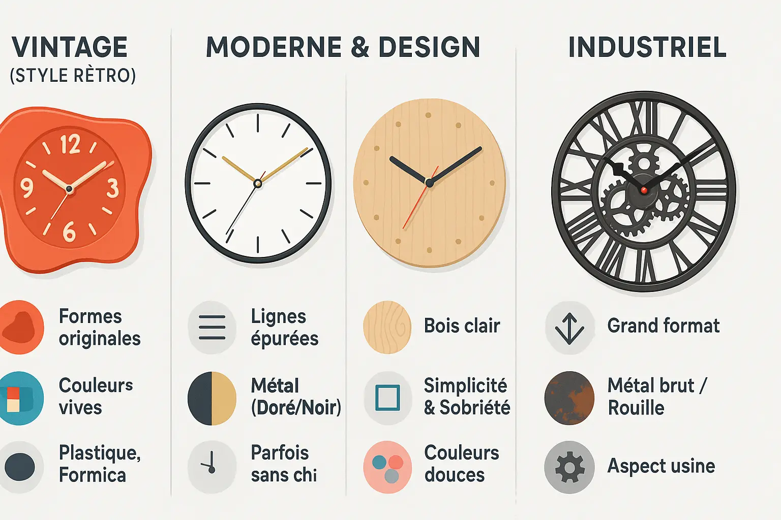 Comparatif des styles d'horloges murales de décoration