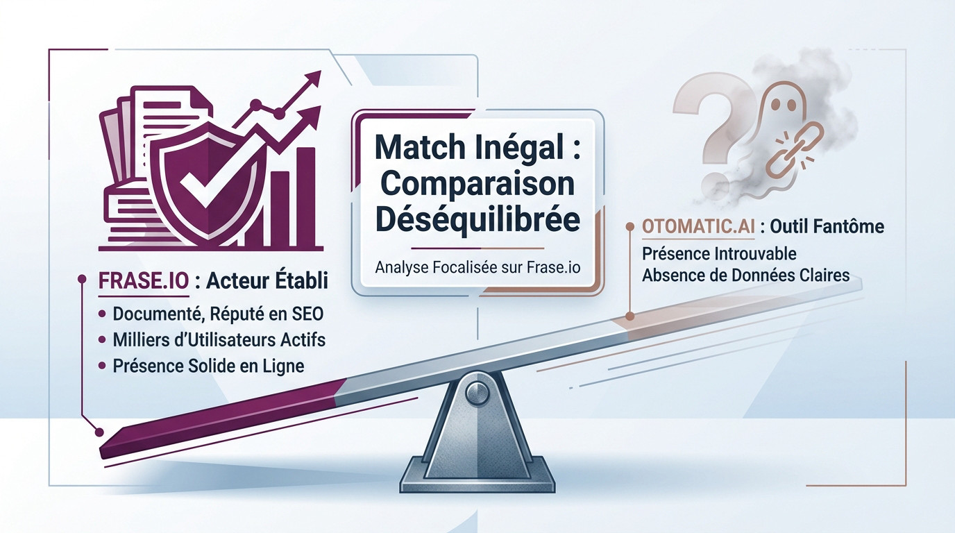 Comparatif visuel illustrant l'absence de données pour Otomatic.ai face à la présence établie de Frase.io