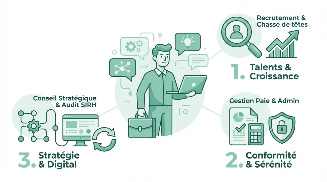 Les trois missions principales d'un consultant RH indépendant : recrutement, paie et conseil stratégique