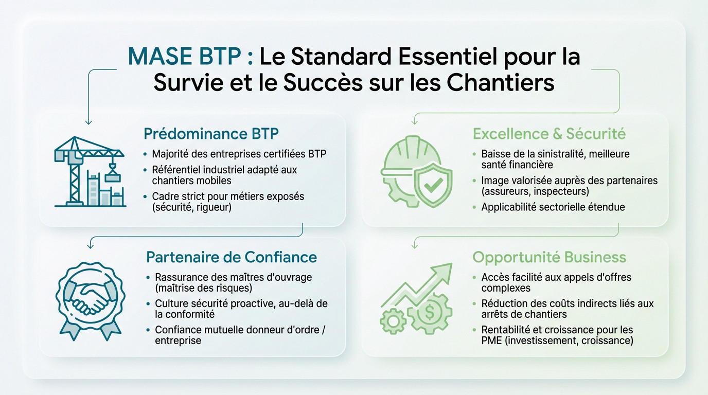Ouvrier BTP sur un chantier sécurisé respectant la norme MASE