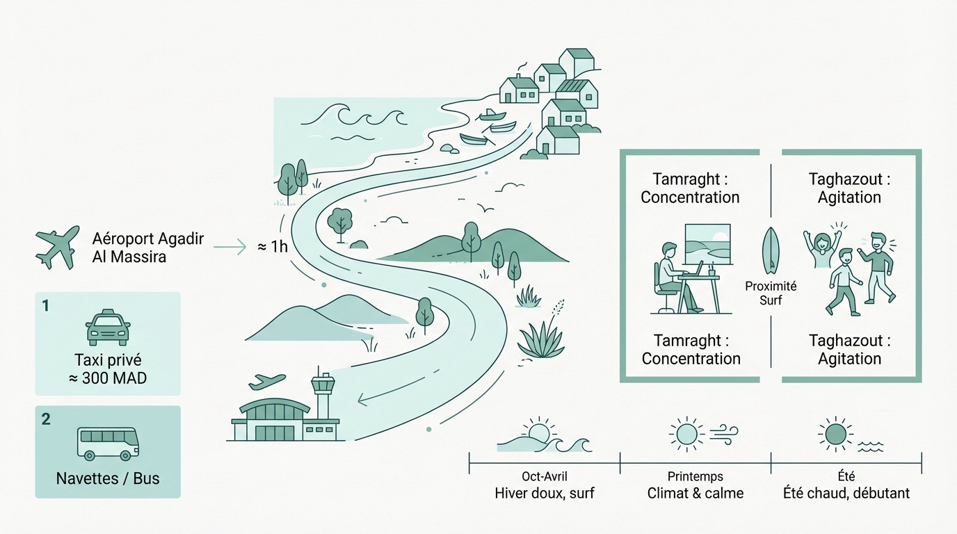 Trajet en taxi entre l'aéroport d'Agadir et le village de Taghazout