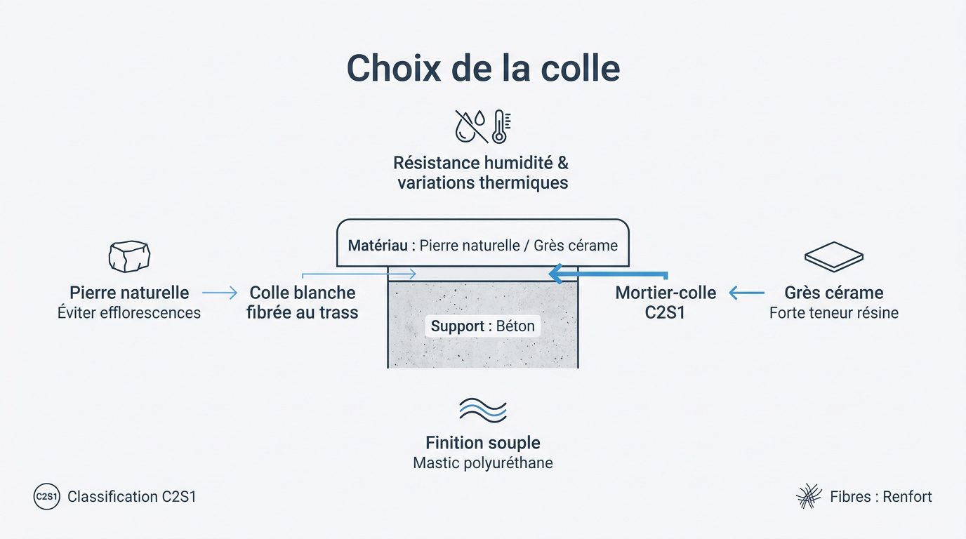 Application de mortier-colle sur une arase de piscine pour la pose de margelles