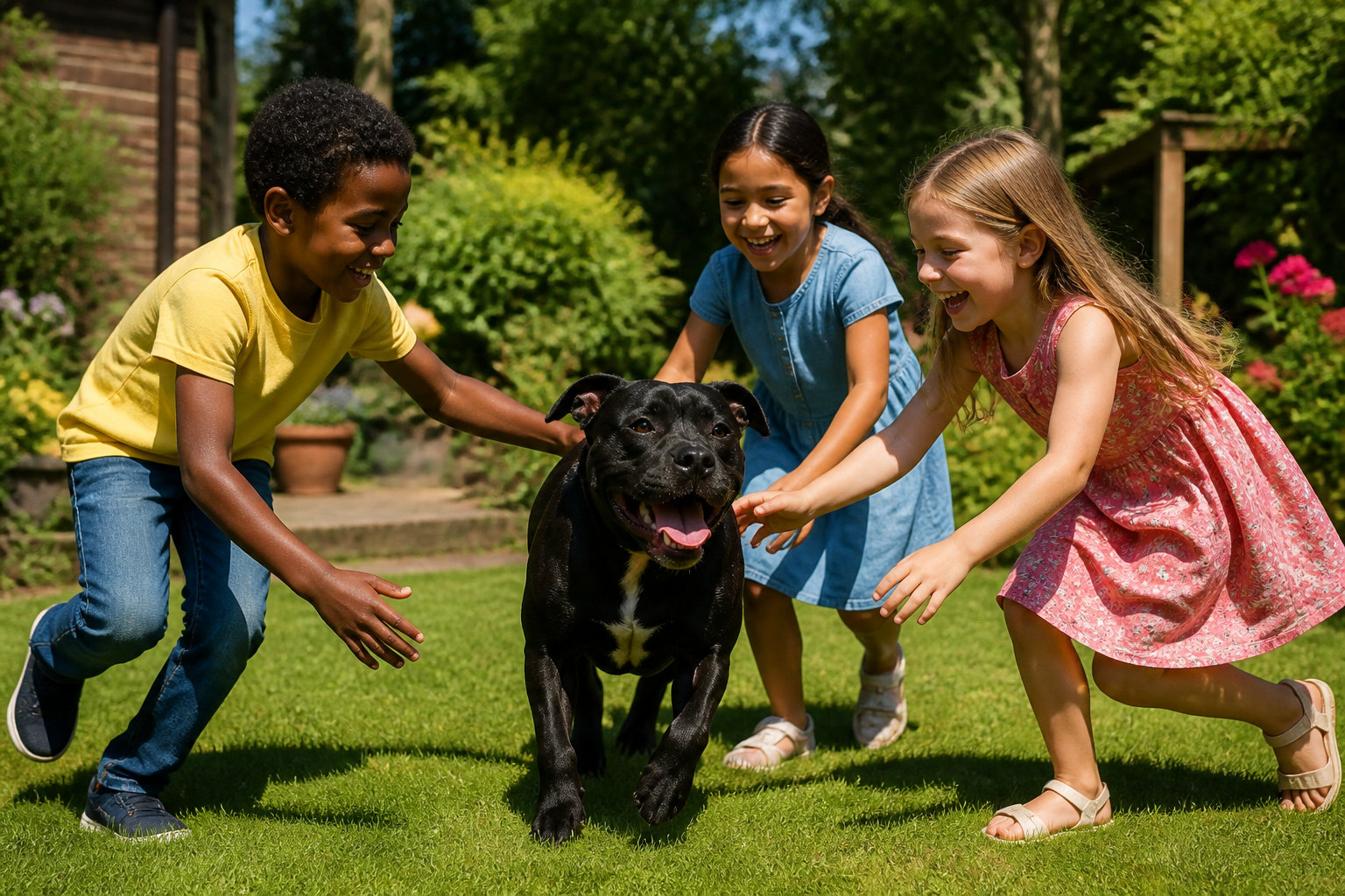 Enfants jouant avec un Staffordshire Bull Terrier, le surnom Nanny Dog