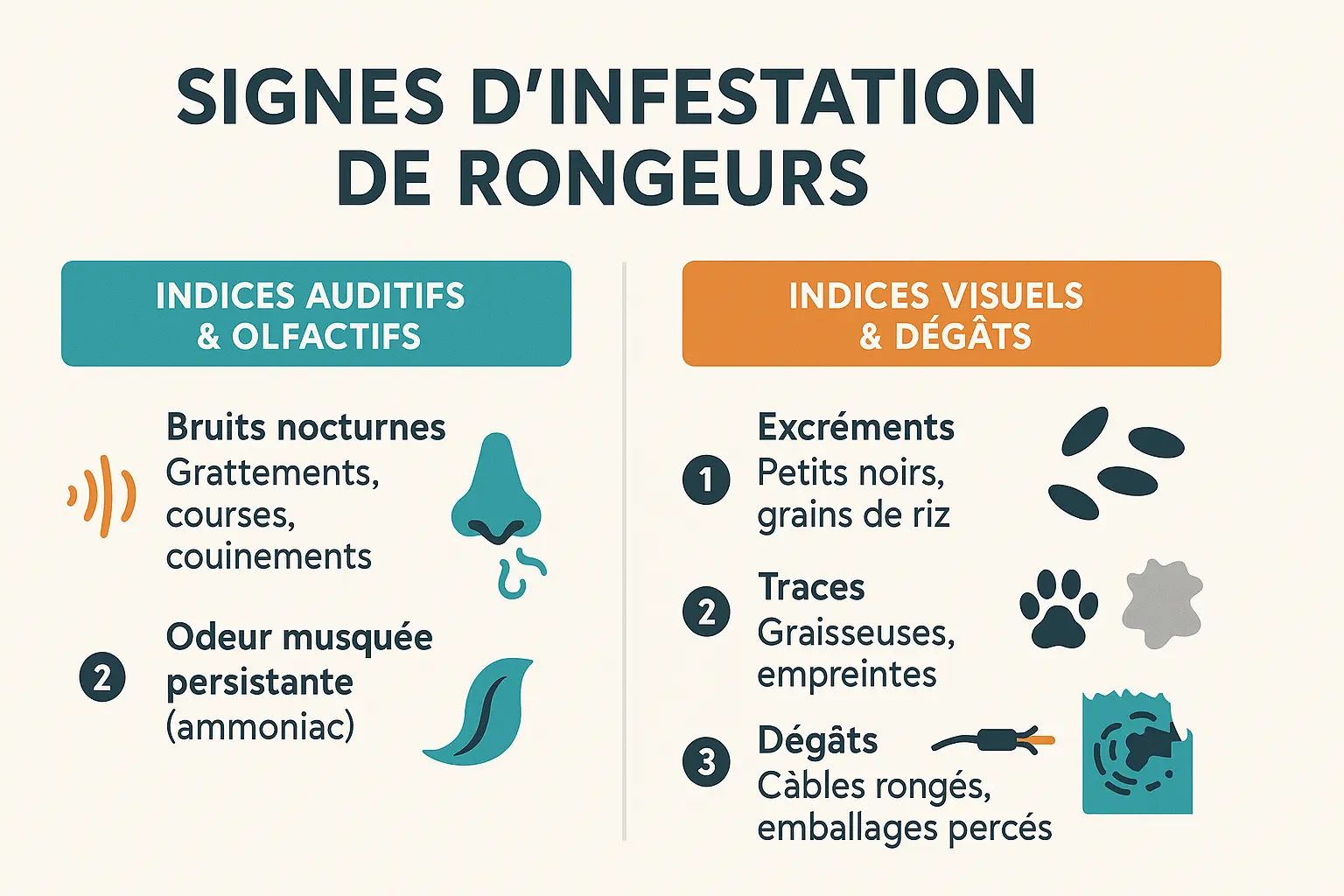 Signes d'une infestation de rongeurs : excréments, traces de rongement, nids