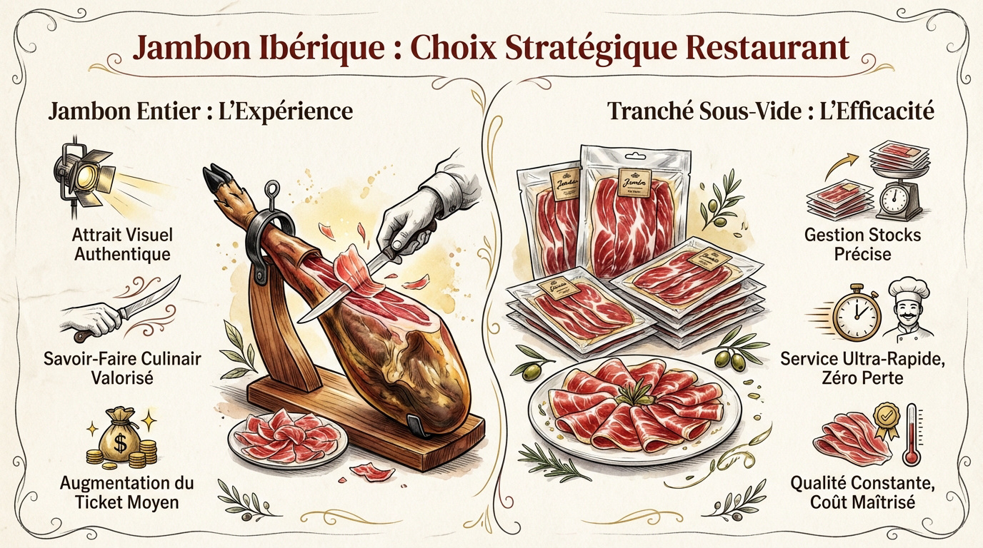 Présentation d'un jambon ibérique entier sur jamonero dans un restaurant