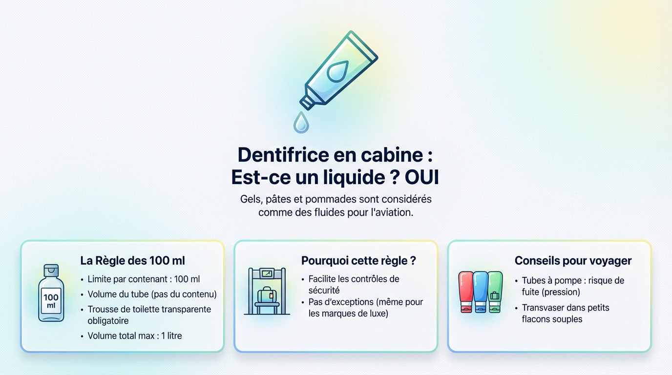 Tube de dentifrice format voyage dans un sac plastique transparent pour contrôle aéroport