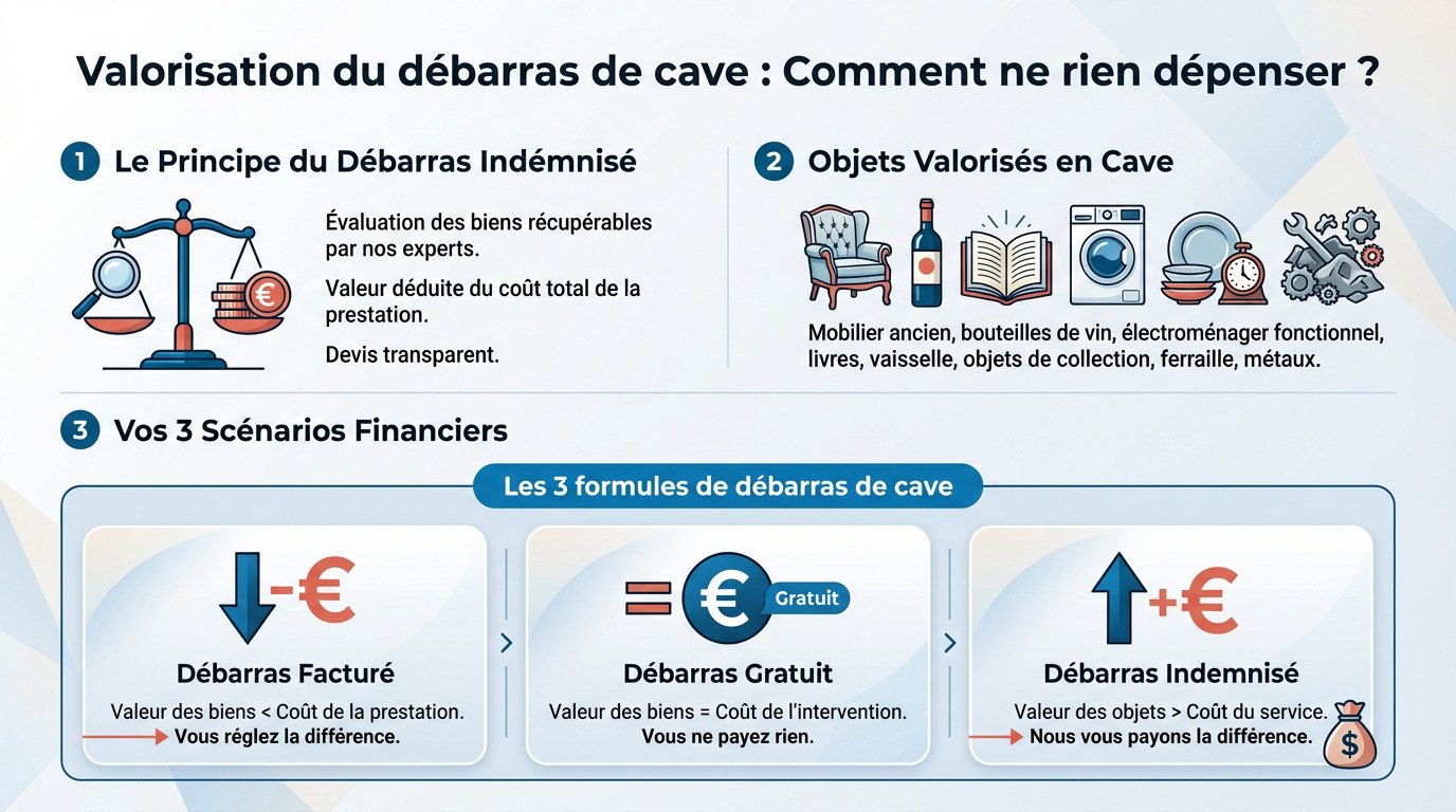 Expert évaluant des objets anciens lors d'un débarras de cave pour réduire la facture