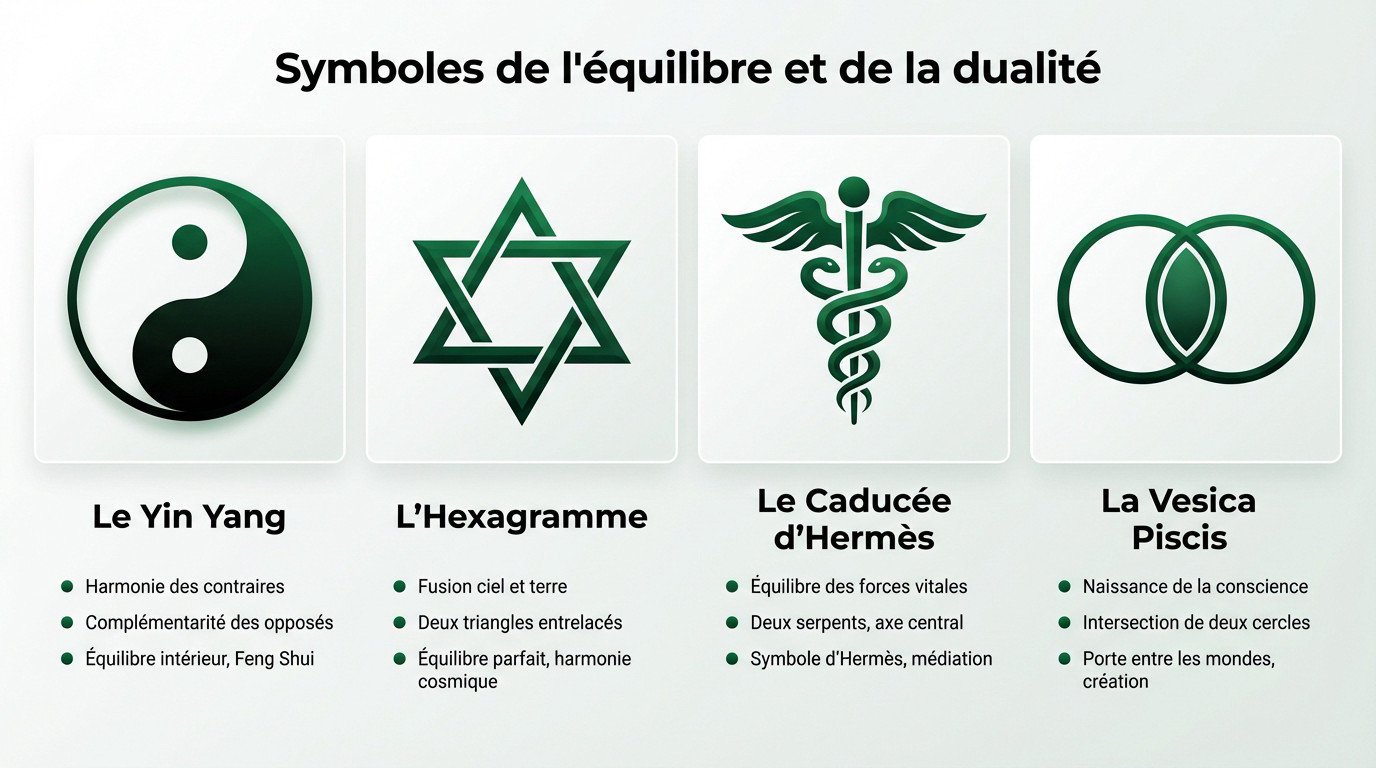 Représentation artistique des symboles de l'équilibre et de la dualité : Yin Yang, Hexagramme et Caducée