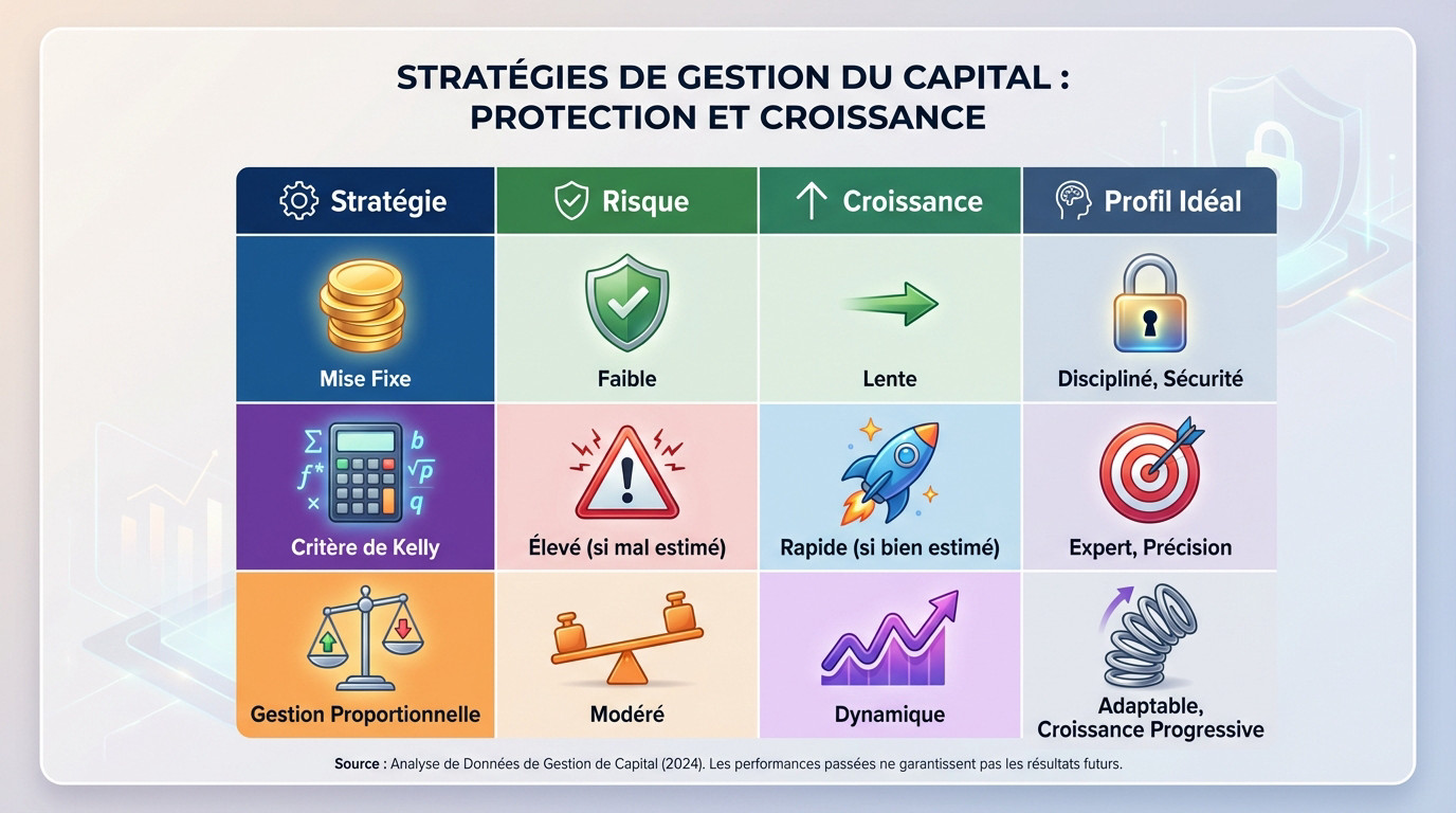 Schéma comparatif des stratégies de gestion de bankroll : Flat Betting, Kelly et Proportionnelle