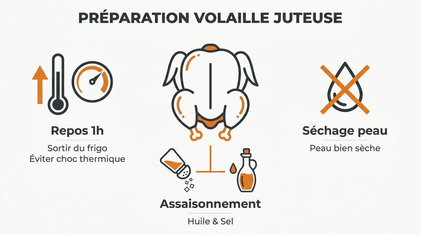Préparation d'un poulet rôti avec sel et huile d'olive