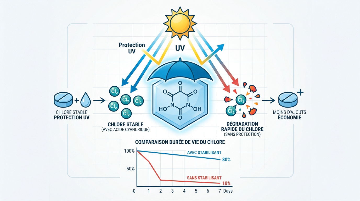 Acide cyanurique stabilisant pour protéger le chlore de la piscine contre les rayons UV