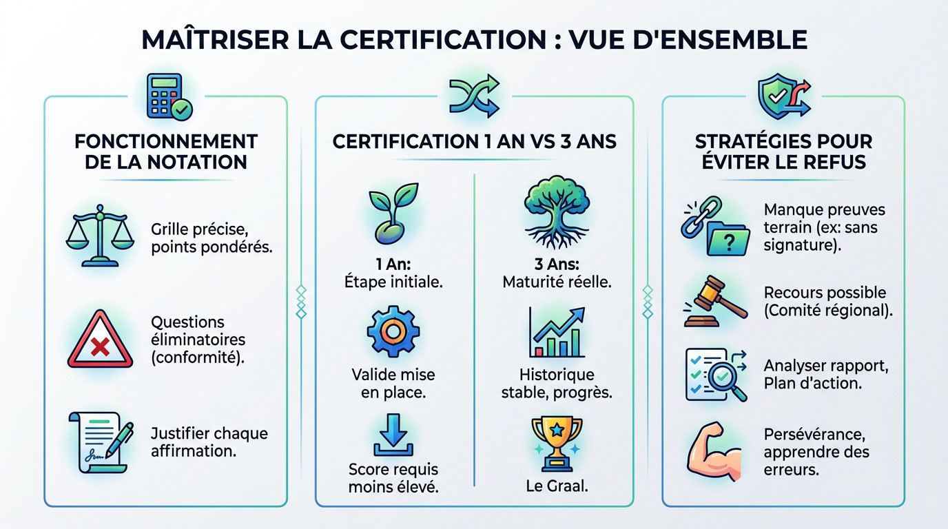 Schéma récapitulatif du barème de cotation et des seuils de la certification MASE