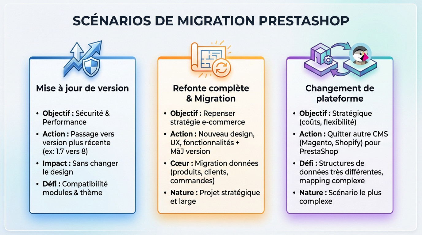 Infographie présentant les trois types de migration PrestaShop : mise à jour, refonte et replatforming