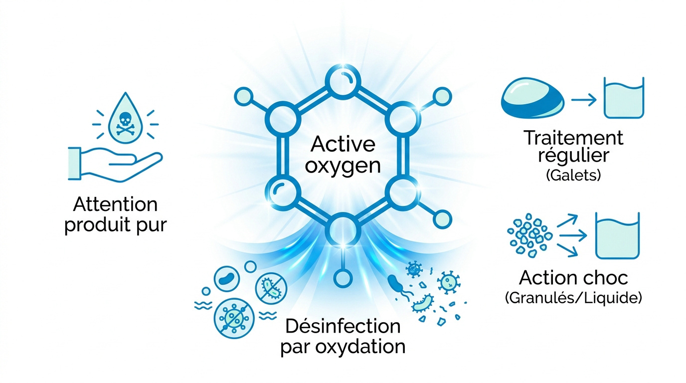 Infographie sur l'utilisation et le fonctionnement de l'oxygène actif en piscine
