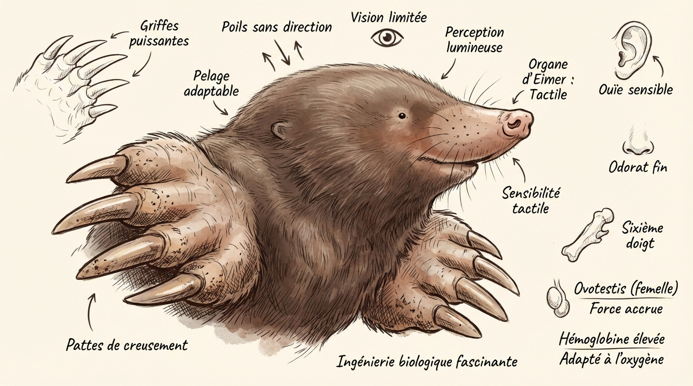 Schéma anatomique détaillé d'une taupe montrant ses pattes antérieures en forme de pelles et son museau sensoriel