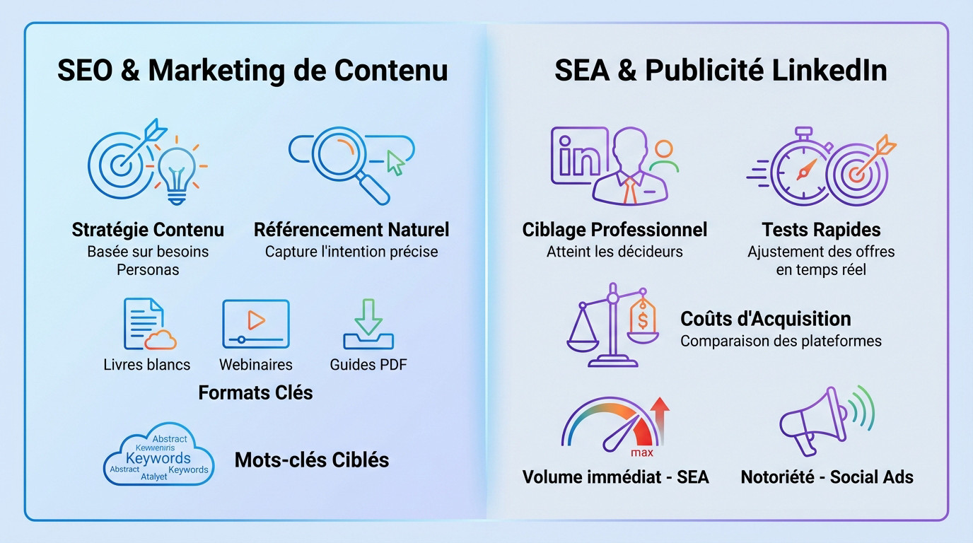 Tableau comparatif des leviers SEO et SEA pour l'acquisition digitale
