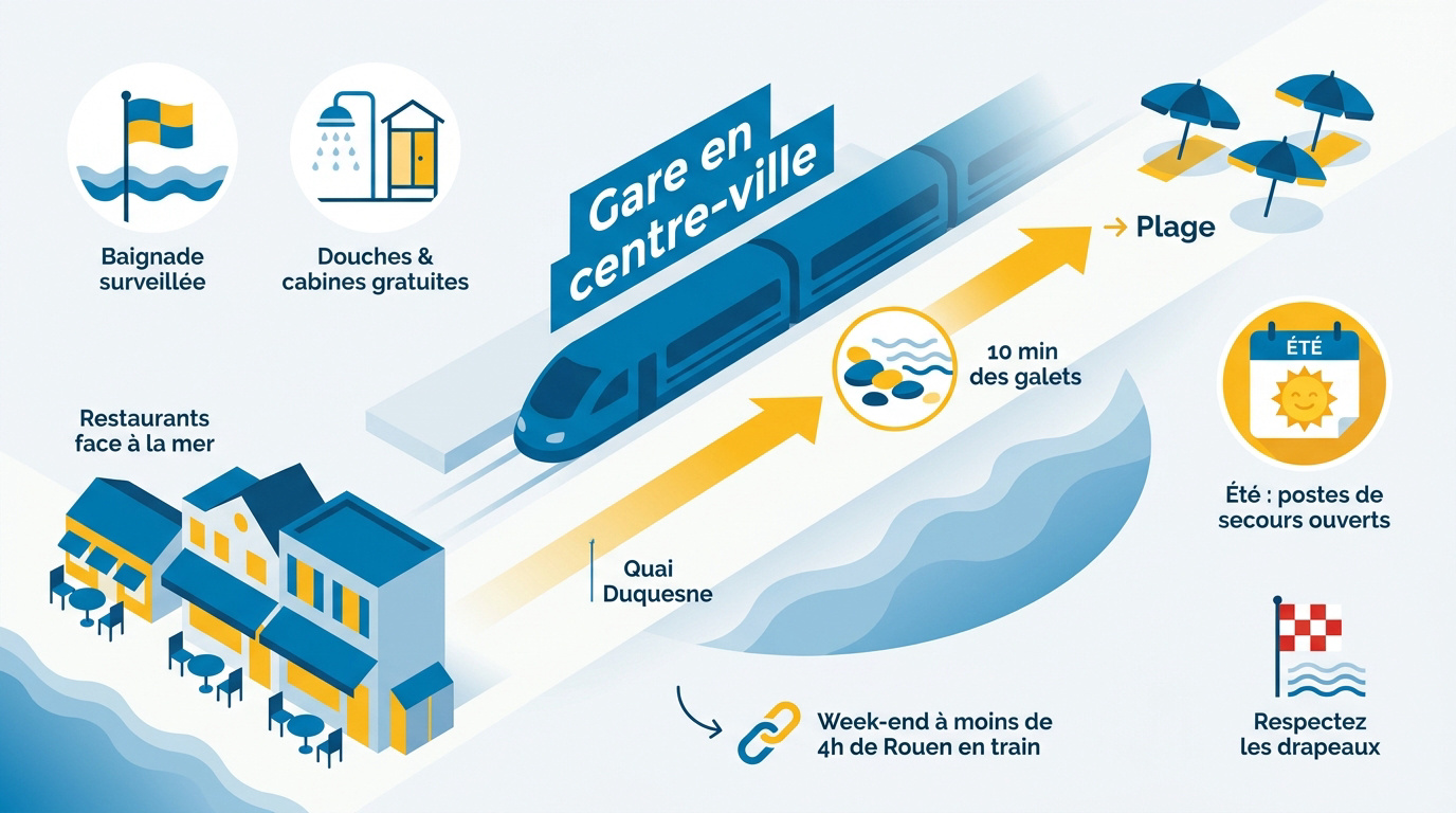 Vue de la plage de Dieppe et des services de bord de mer accessibles en train