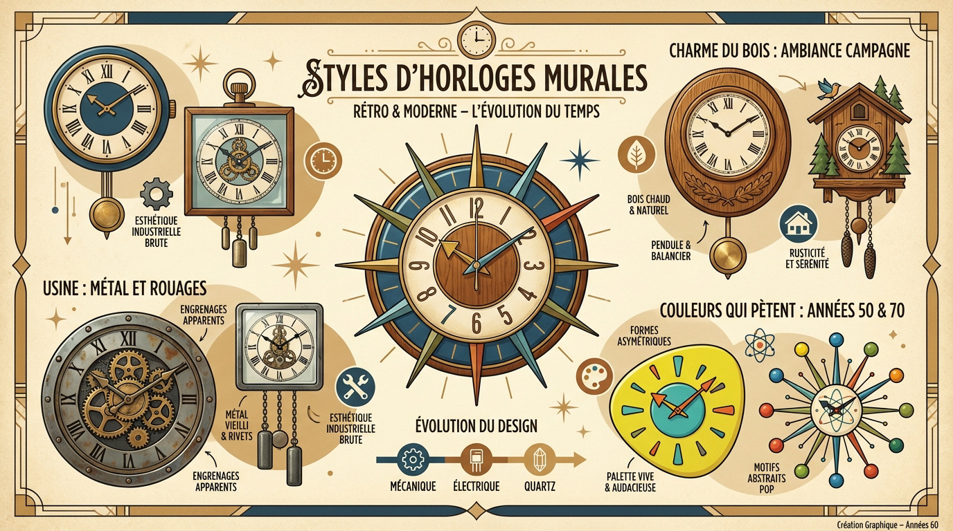 Différents styles d'horloges murales rétro et modernes harmonieusement exposés sur un mur