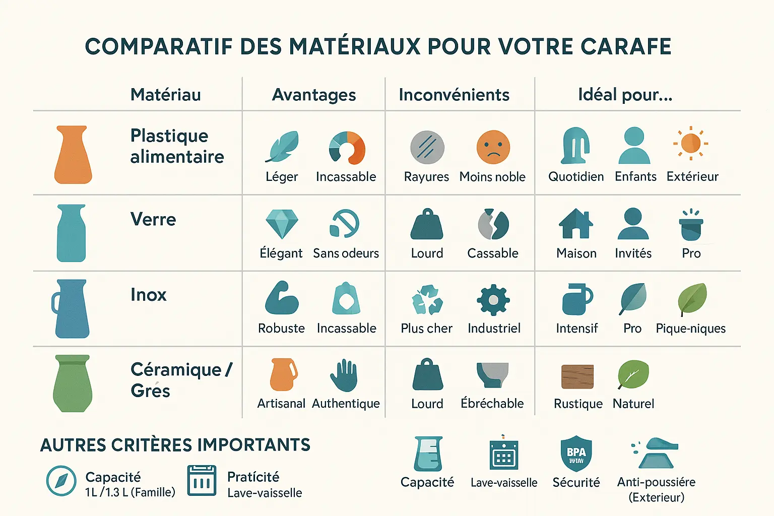 <strong>Comparatif des matériaux pour carafes et pichets</strong> en restauration collective