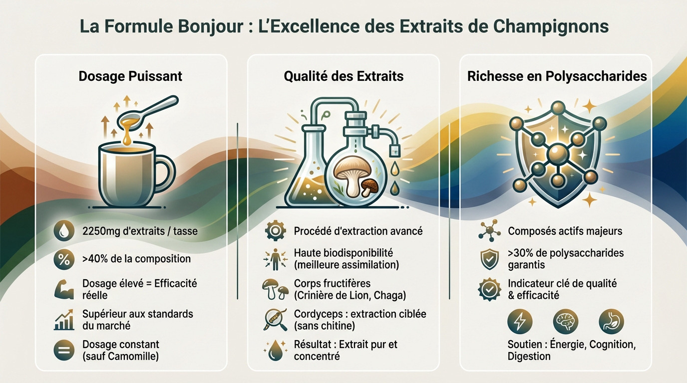 Infographie détaillant l'excellence des extraits de champignons dans la composition Bonjour