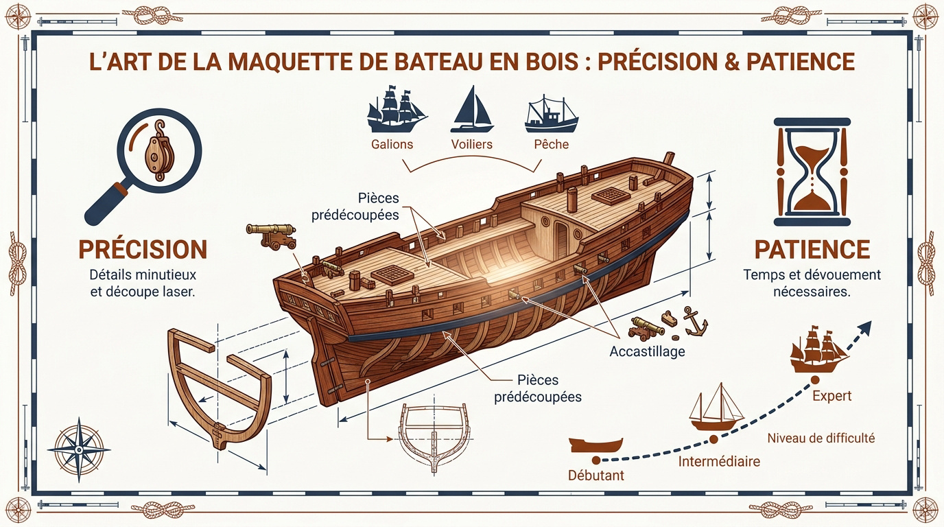 Assemblage minutieux d'une coque de maquette de bateau en bois sur un établi