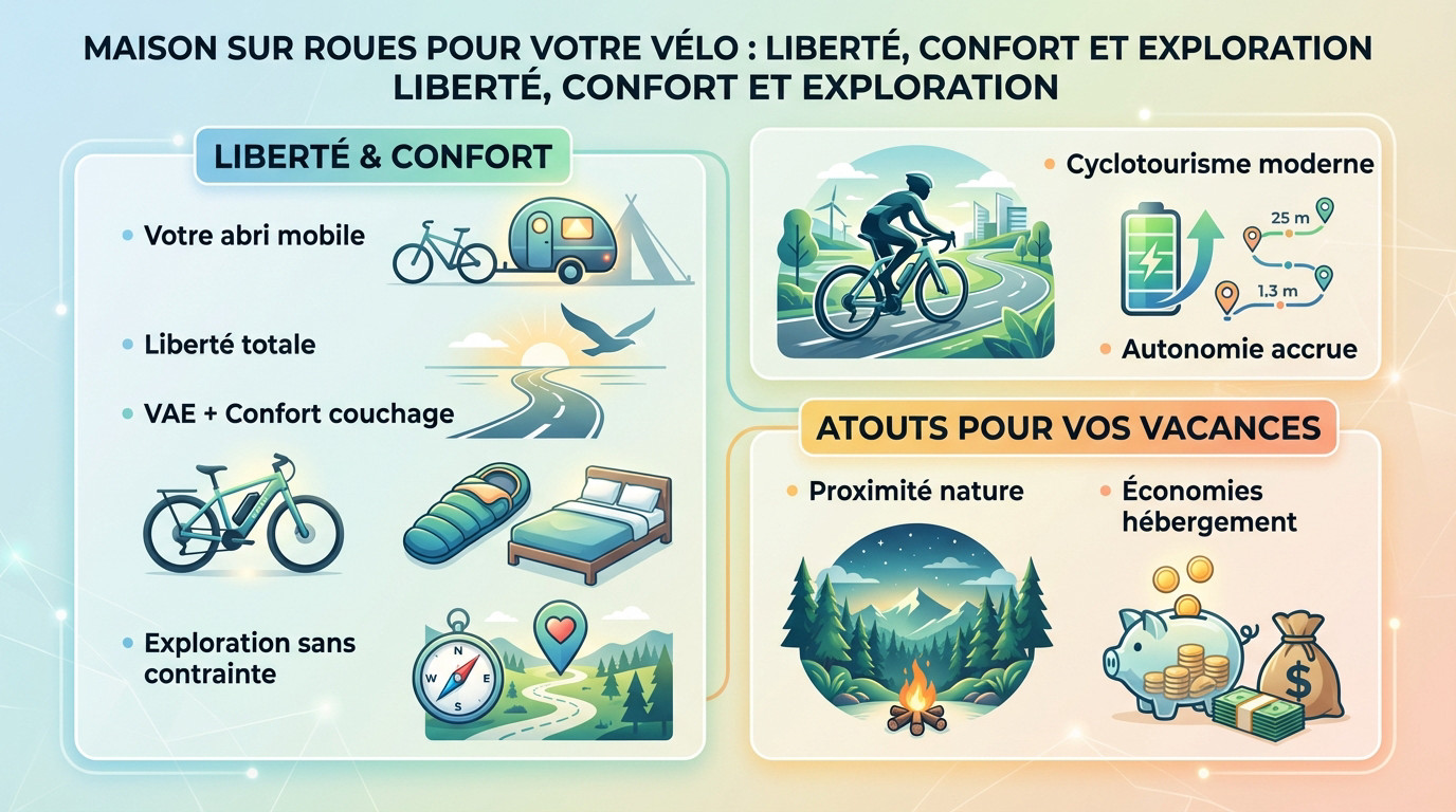 Cycliste profitant d'une caravane pour vélo électrique en pleine nature