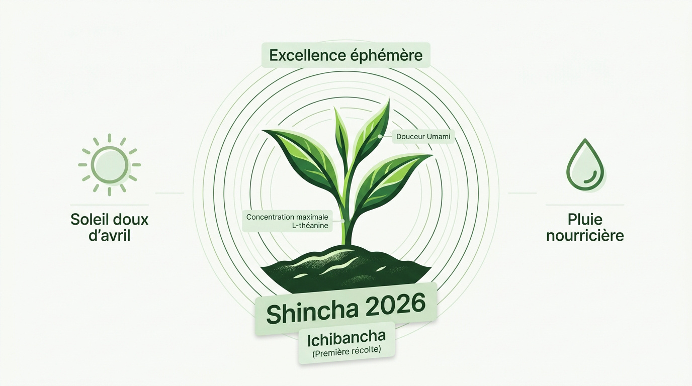 Jeunes pousses de thé vert japonais Shincha 2026 lors de la première récolte de printemps