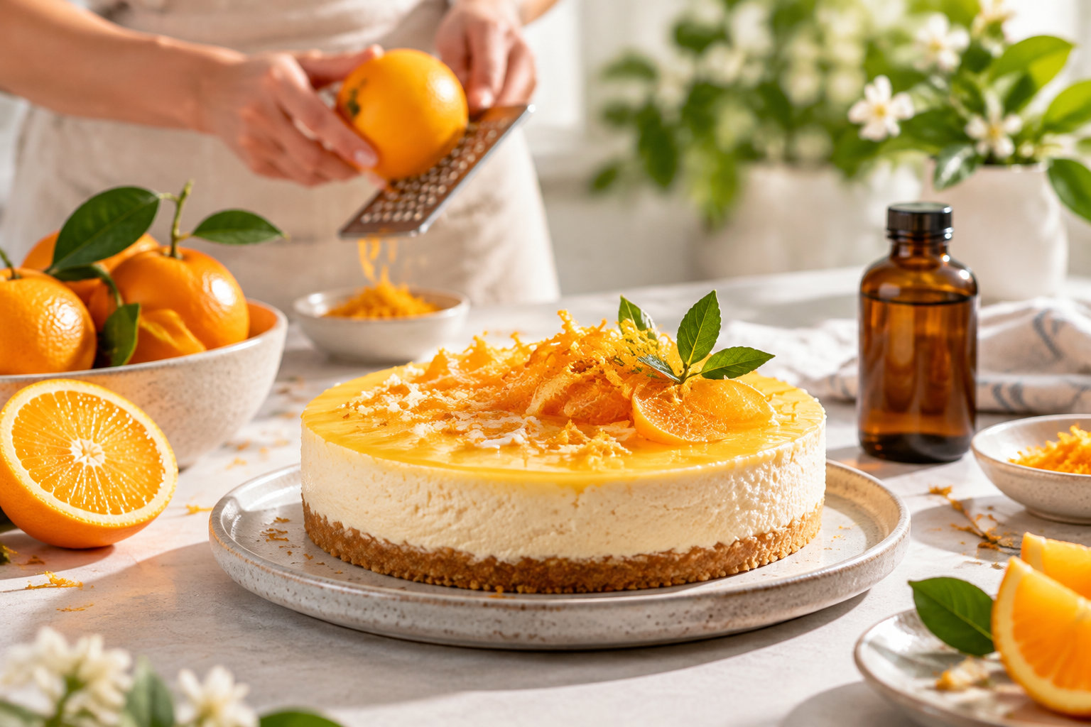 Un gâteau crémeux à l’orange, décoré de zestes et de feuilles, est posé sur un plat tandis qu’une personne râpe une orange en arrière-plan.