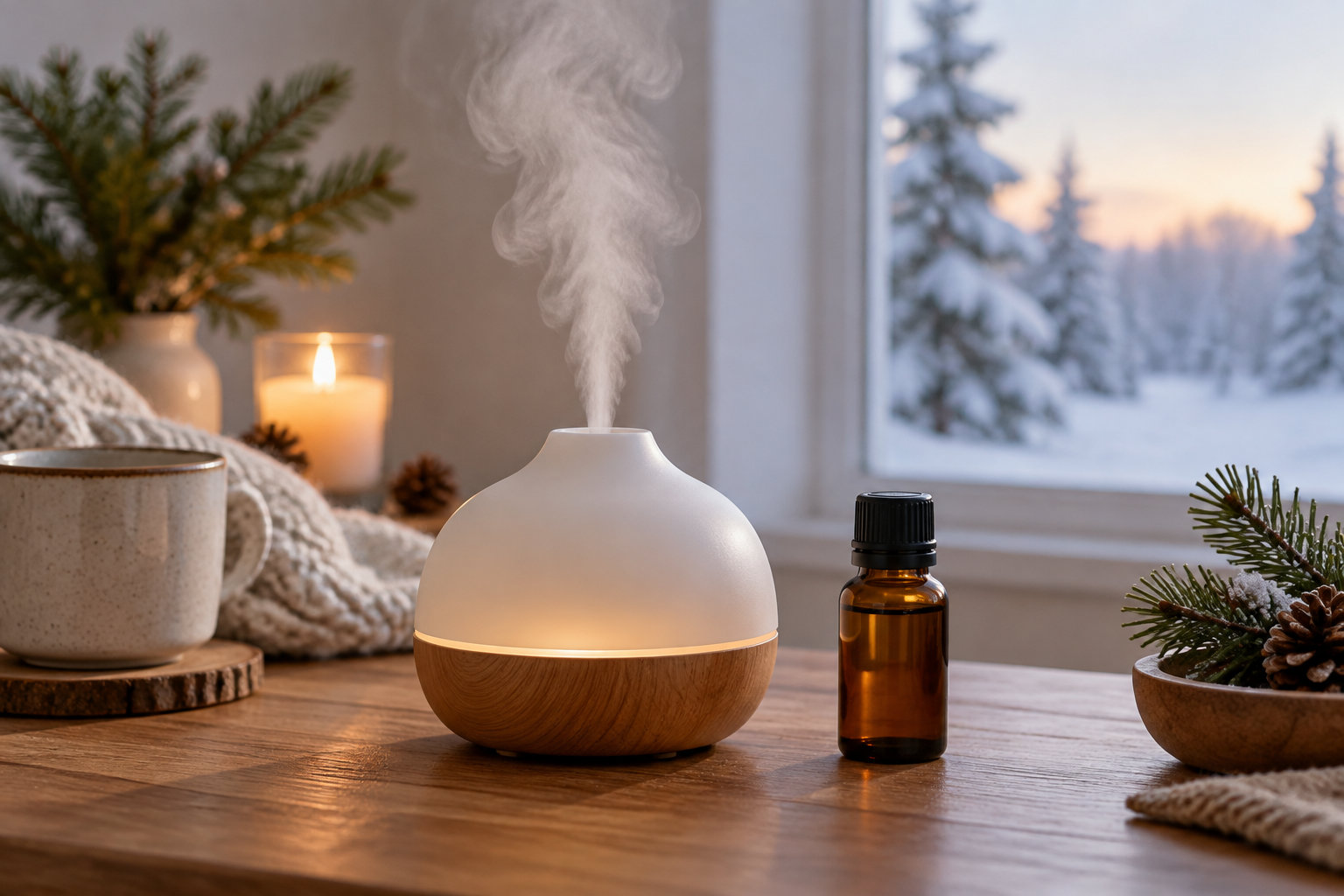 Un diffuseur de parfum en bois et en céramique dégage de la vapeur sur une table, à côté d’un flacon ambré, d’une bougie et d’une tasse, dans un intérieur décoré pour l’hiver.