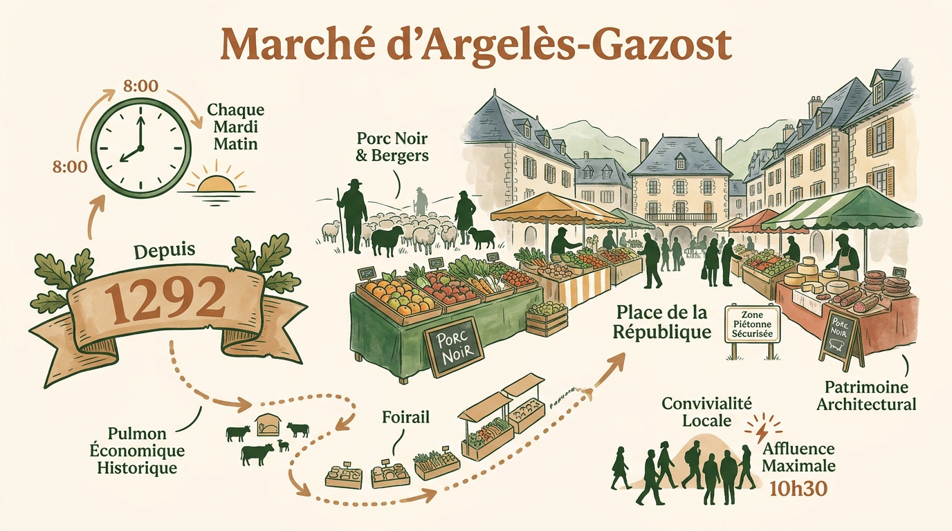 Étals colorés et produits du terroir sur la place du marché d'Argelès-Gazost avec les Pyrénées en toile de fond