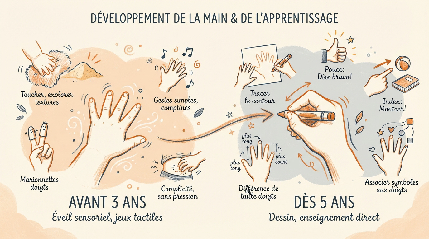 Enfant qui apprend le nom des doigts de la main en dessinant