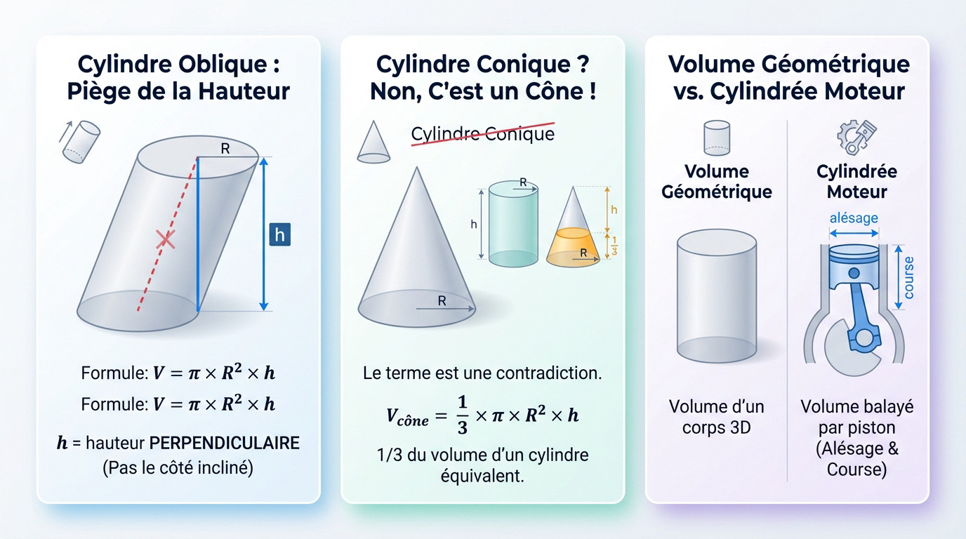 Infographie expliquant les pièges du calcul de volume : cylindre oblique, cône et cylindrée moteur