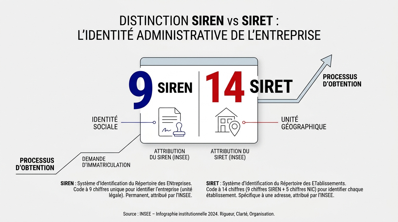 Infographie comparative entre le numéro SIREN pour l'unité légale et le numéro SIRET pour l'établissement géographique
