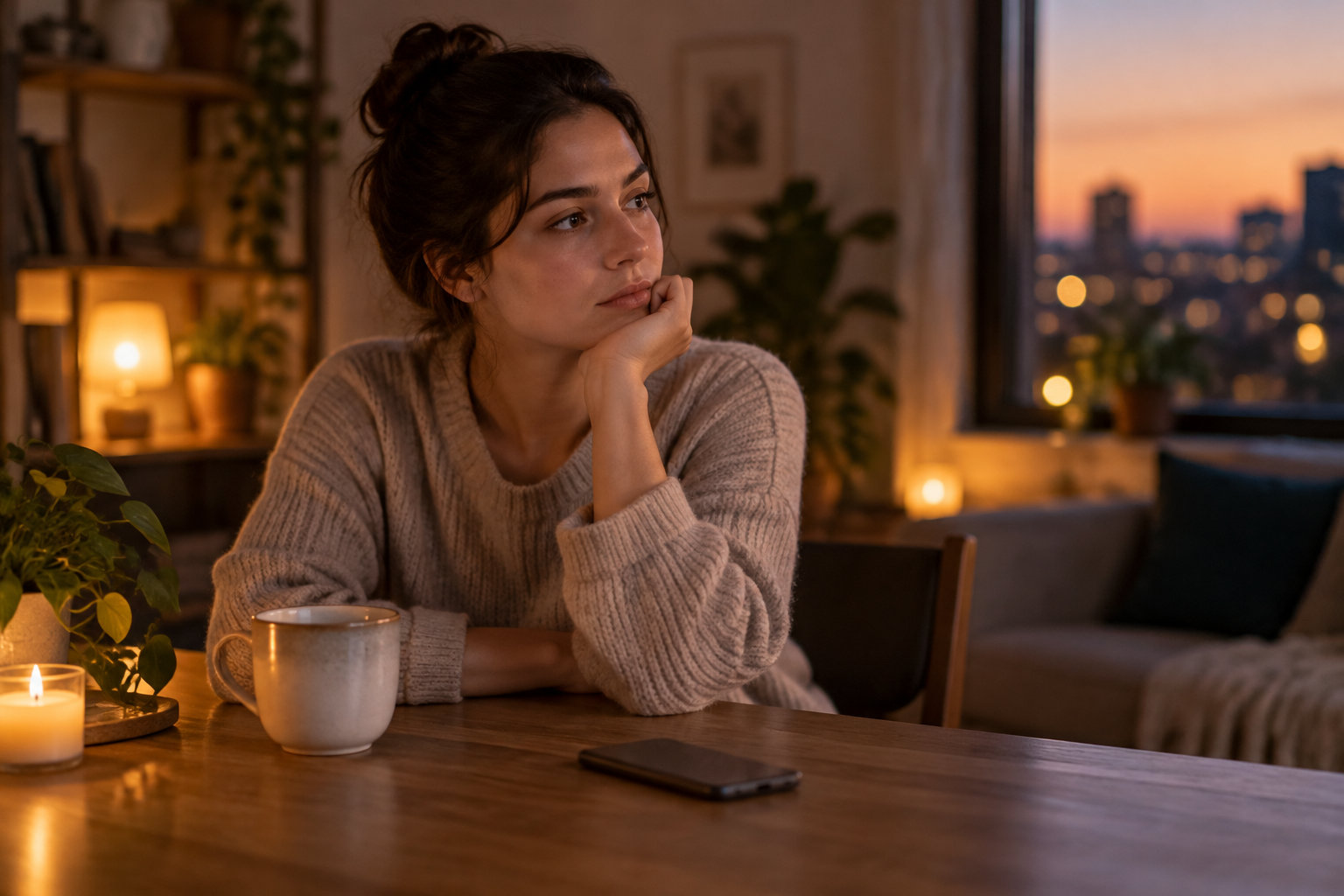 Une femme en pull assise à une table, le menton appuyé sur la main, regarde par la fenêtre au crépuscule ; une tasse, une bougie et un téléphone sont posés devant elle.