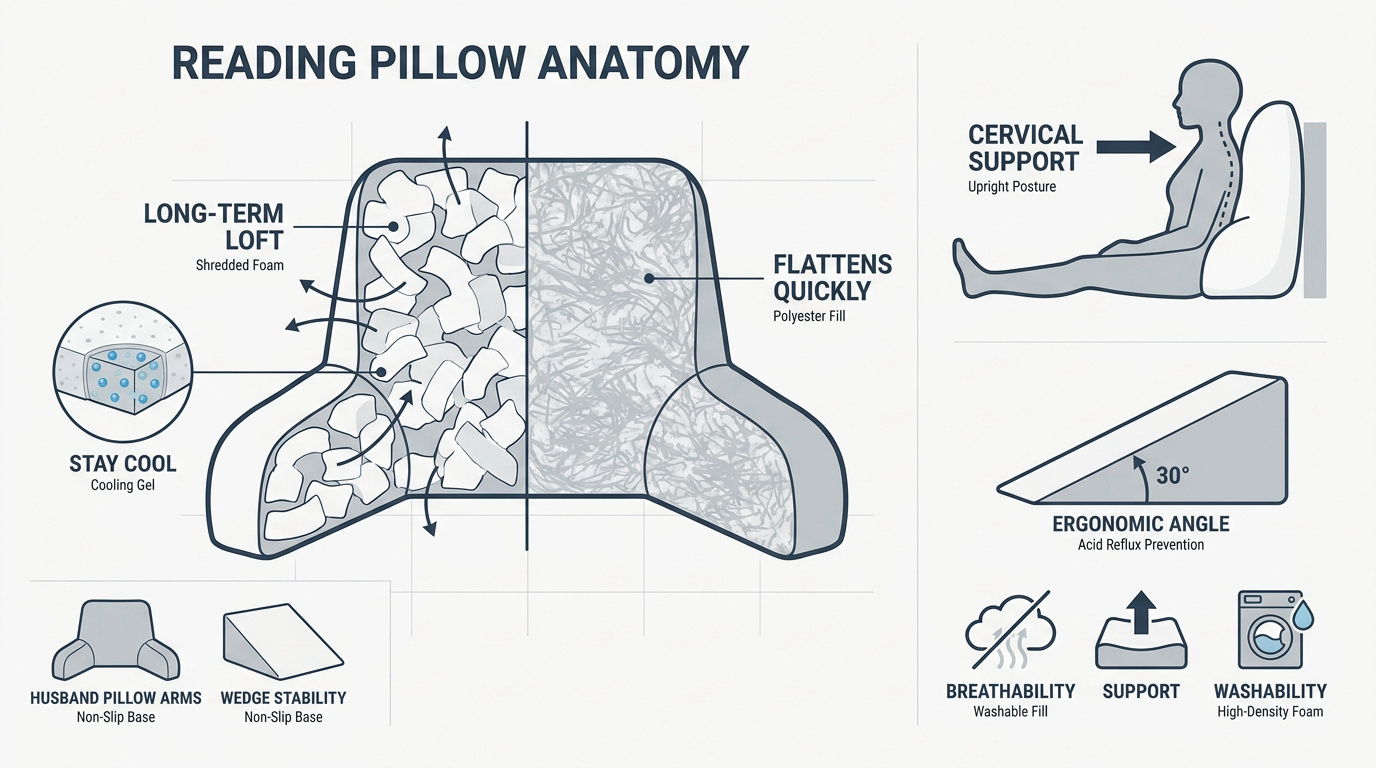 Anatomy of a reading pillow showing shredded foam fill and ergonomic arm rests