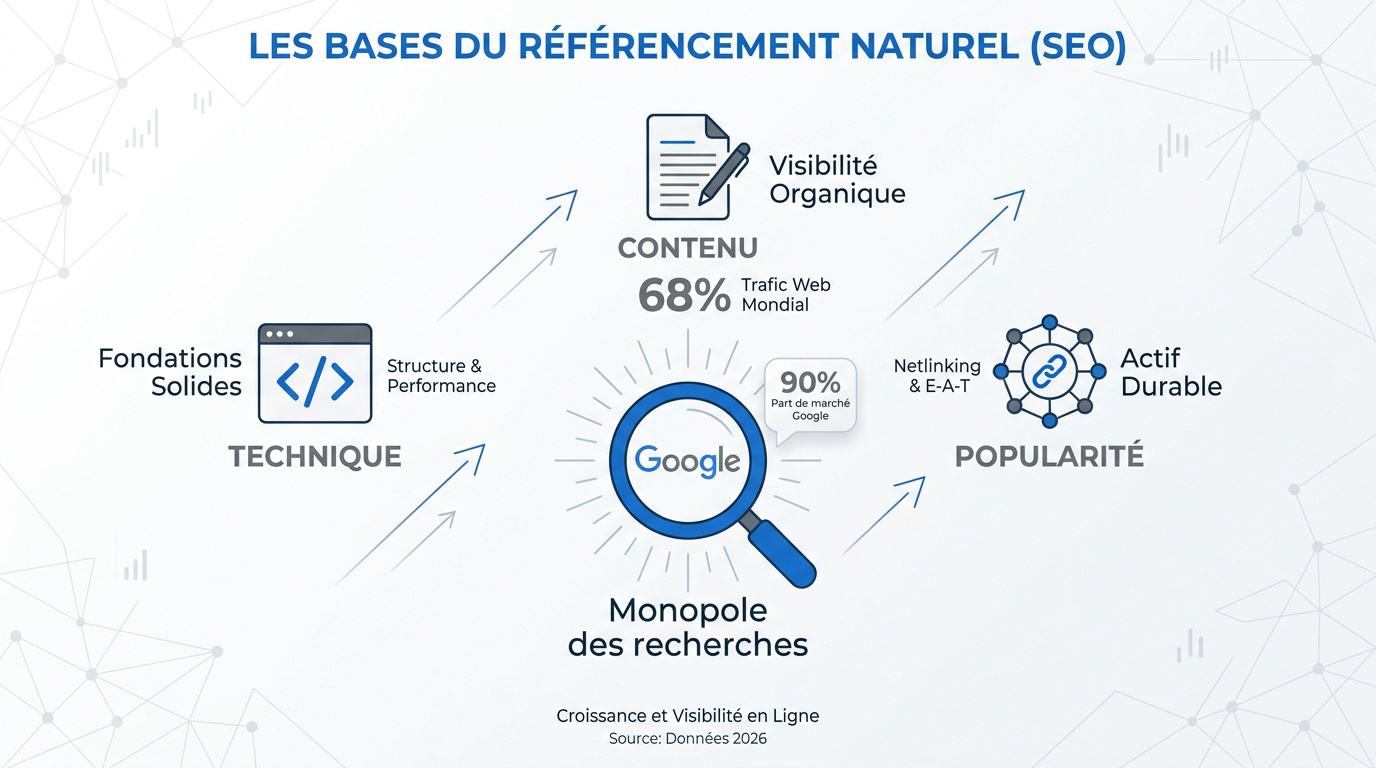Schéma des trois piliers du SEO : technique, contenu et popularité