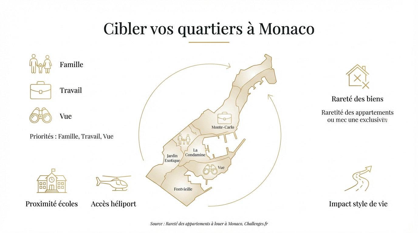 Vergleichende Infografik der Viertel in Monaco zur Wahl des idealen Mietobjekts je nach Lebensstil