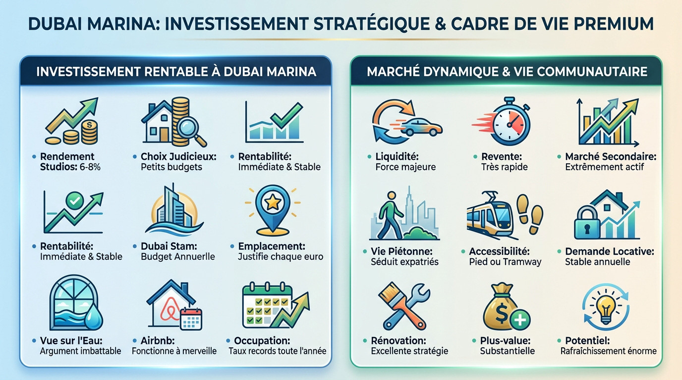 Vue panoramique de Dubai Marina avec ses gratte-ciels et yachts, illustrant un quartier prisé pour l'investissement locatif en 2026