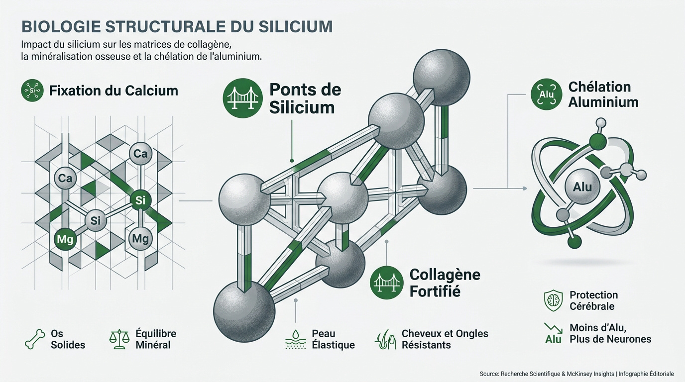Schéma de la structure biologique du silicium et impact sur le collagène