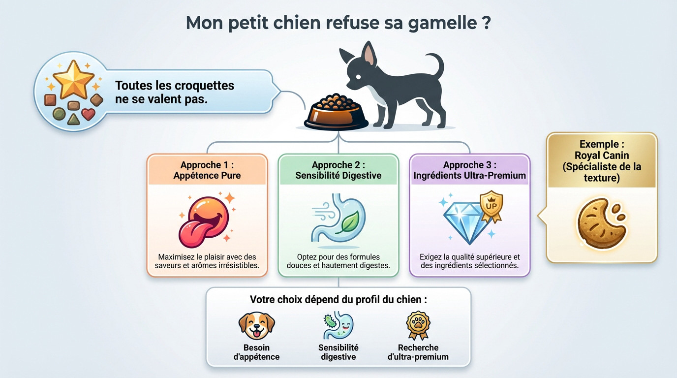 Petit chien difficile boudant sa gamelle de croquettes