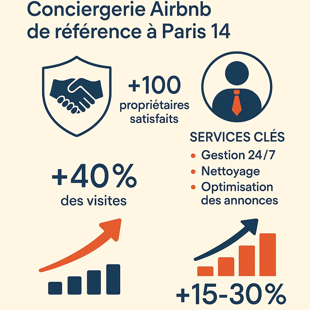 Infographie présentant Simple Nest, conciergerie Airbnb de référence à Paris 14, avec ses services clés et ses résultats.