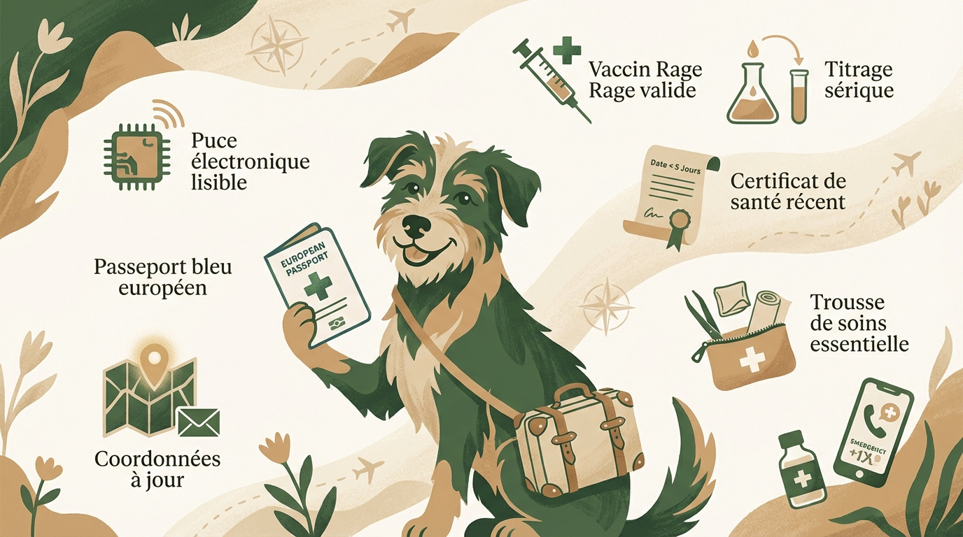 Préparation des documents de santé et du passeport pour un chien partant en vacances
