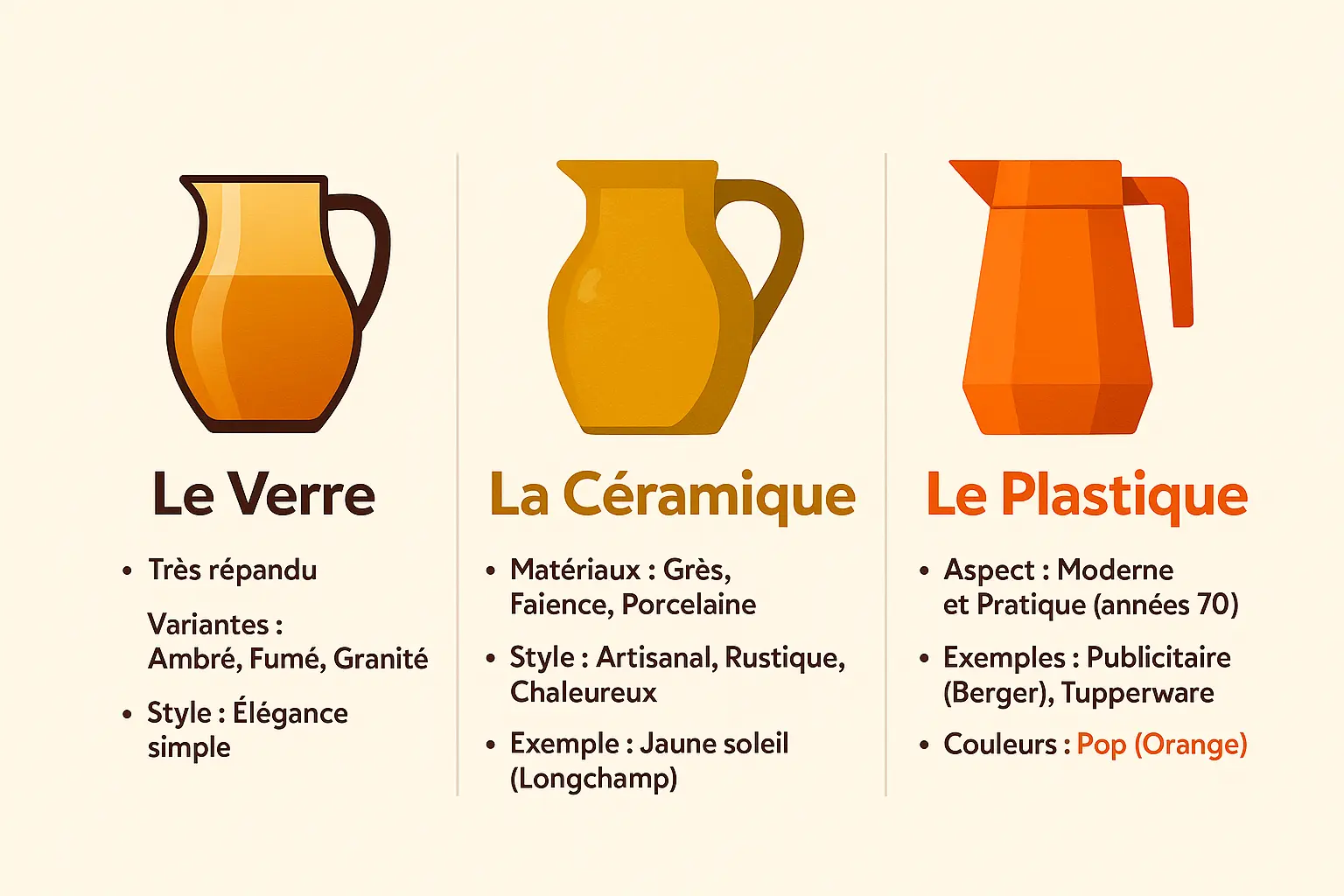 Illustration des matériaux de pichets des années 70 : verre, céramique et plastique