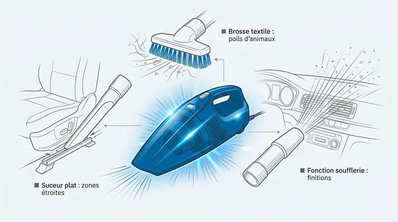 Kit d'accessoires complet pour aspirateur professionnel de voiture incluant suceur plat et brosses