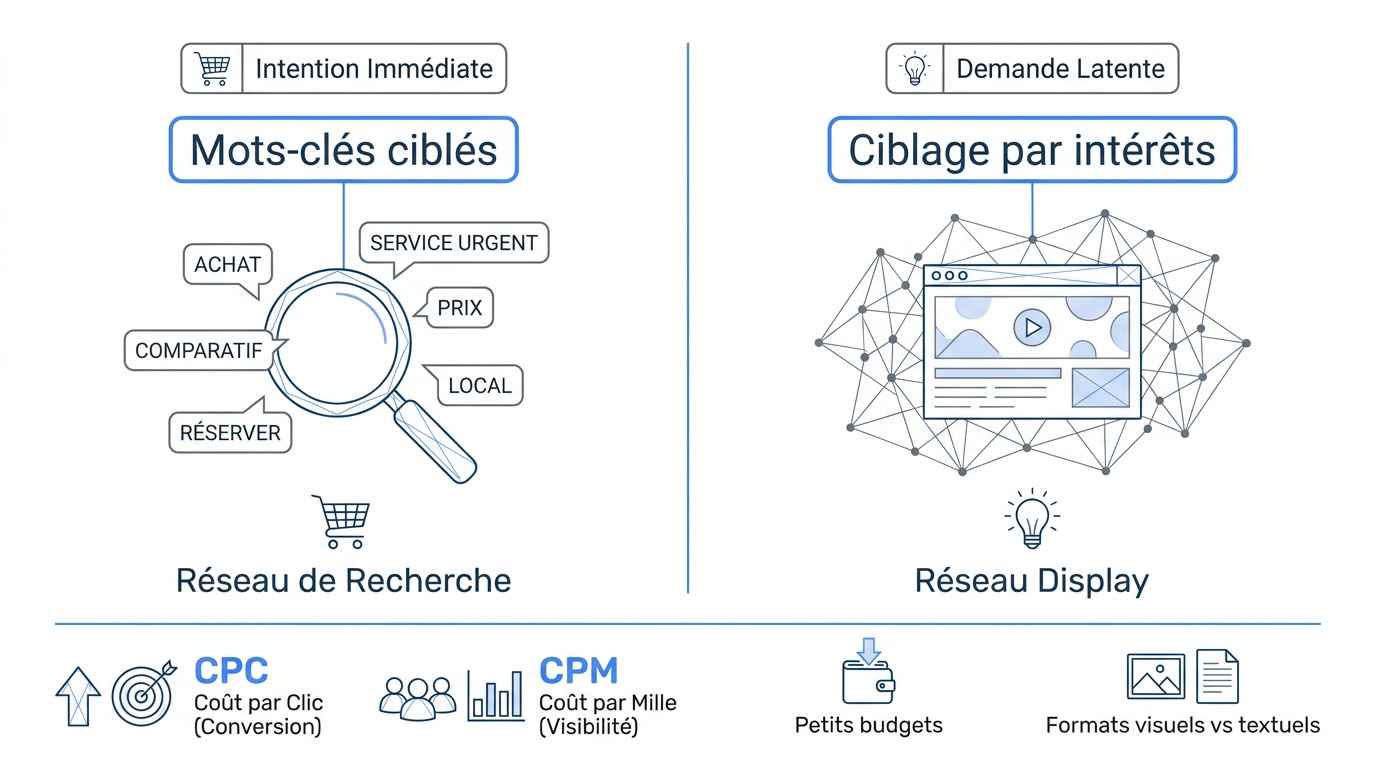Tableau comparatif des performances entre le réseau Search et le réseau Display pour une petite entreprise