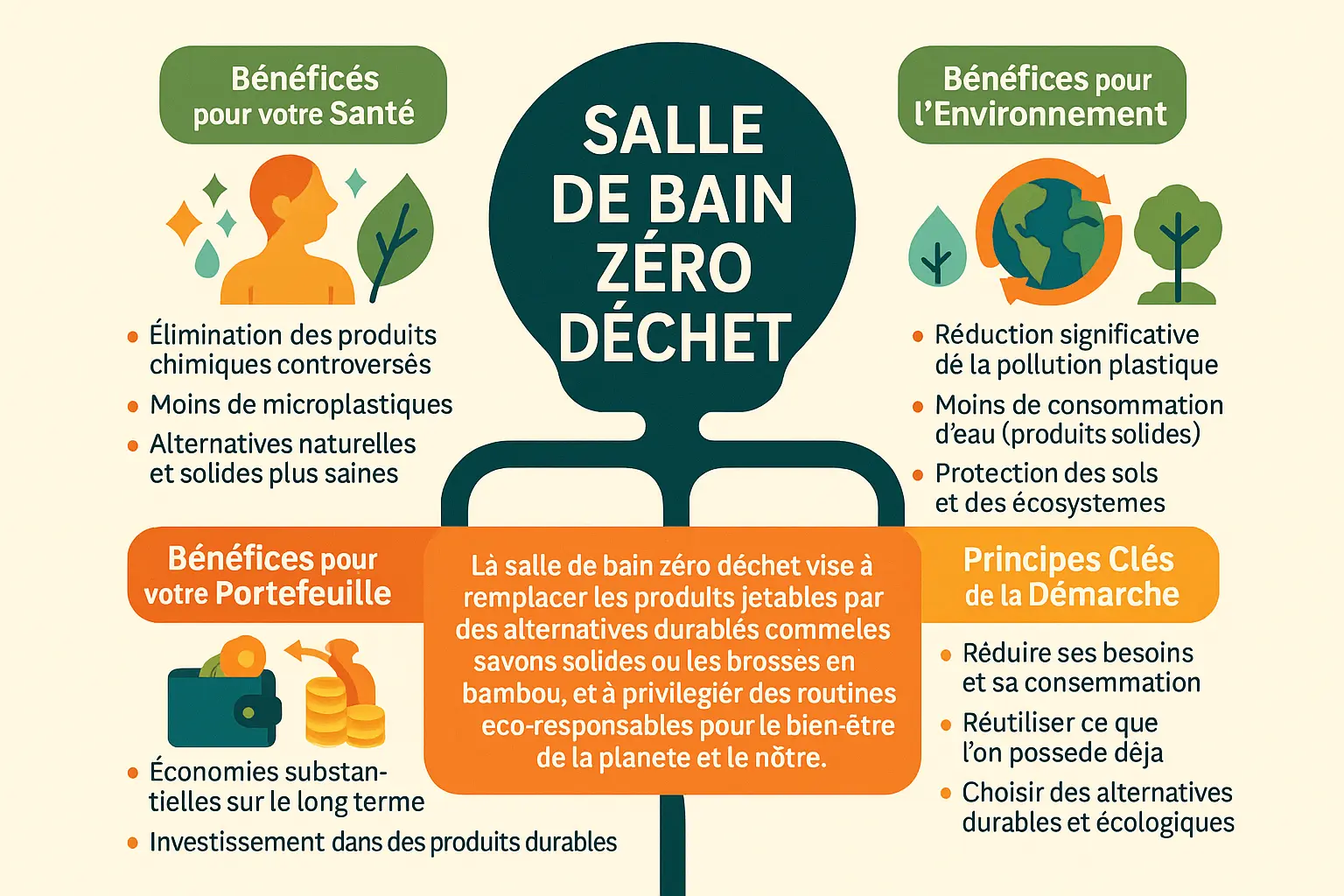 Illustration d'une salle de bain zéro déchet avec des produits durables