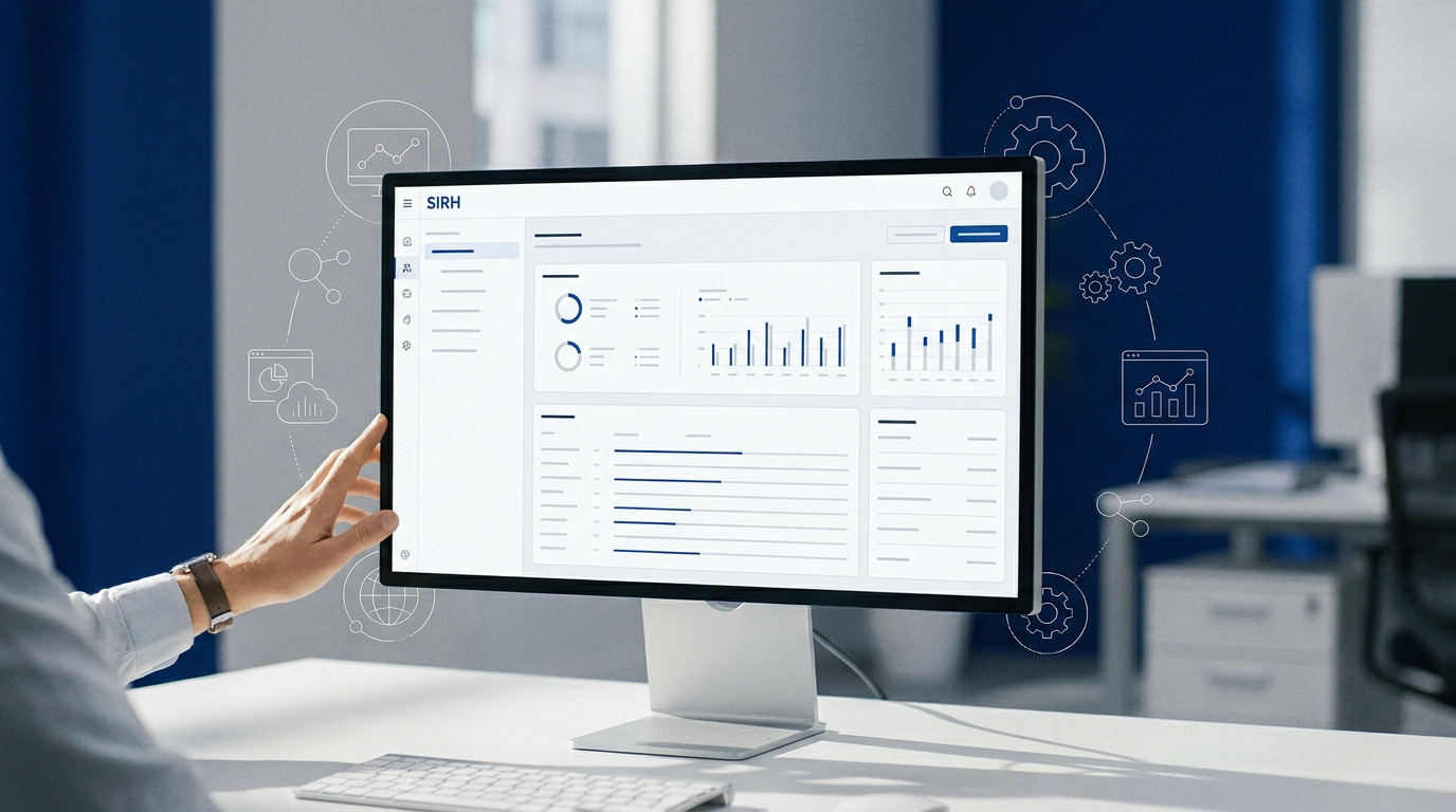 Interface logicielle d'un SIRH moderne affichant des flux de données RH et paie interconnectés